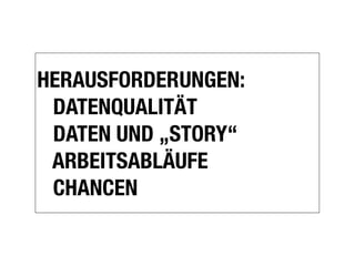HERAUSFORDERUNGEN:

 DATENQUALITÄT
  DATEN UND „STORY“
  ARBEITSABLÄUFE
  CHANCEN
 