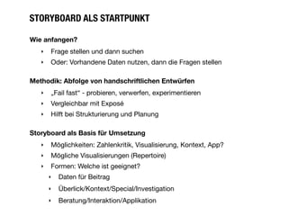 STORYBOARD ALS STARTPUNKT

Wie anfangen?
   ‣   Frage stellen und dann suchen
   ‣   Oder: Vorhandene Daten nutzen, dann die Fragen stellen

Methodik: Abfolge von handschriftlichen Entwürfen
   ‣   „Fail fast“ - probieren, verwerfen, experimentieren
   ‣   Vergleichbar mit Exposé
   ‣   Hilft bei Strukturierung und Planung

Storyboard als Basis für Umsetzung
   ‣   Möglichkeiten: Zahlenkritik, Visualisierung, Kontext, App?
   ‣   Mögliche Visualisierungen (Repertoire)
   ‣   Formen: Welche ist geeignet?
       ‣   Daten für Beitrag
       ‣   Überlick/Kontext/Special/Investigation
       ‣   Beratung/Interaktion/Applikation
 