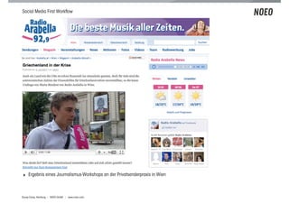 Social Media First Workﬂow




! Ergebnis eines Journalismus-Workshops an der Privatsenderpraxis in Wien



Scoop Camp, Hamburg | NOEO GmbH | www.noeo.com
 