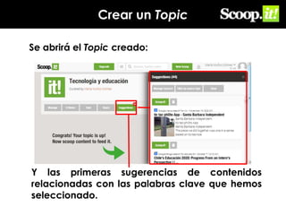 Crear un Topic
Se abrirá el Topic creado:

Y las primeras sugerencias de contenidos
relacionadas con las palabras clave que hemos
seleccionado.

 
