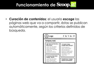 Funcionamiento de
• Curación de contenidos: el usuario escoge las
páginas web que va a compartir, éstas se publican
automáticamente, según los criterios definidos de
búsqueda.

 
