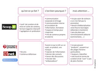 qu'est-ce ça fait ? c'est bien pourquoi ? mais attention …
 outil de curation et de
mise en scène de contenu,
format magazine interactif
 agrégation et syndication
 communication
corporate et d'image
 communication interne
et circulation de
l'information, formation
 espace et temps pour
s'exprimer
 mix de contenus propres
et externe
 ne pas avoir de visiteurs
si on n'en fait pas la
promotion
 besoin d'éditorialisation
sinon fourre-tout (ligne
éditoriale à maintenir)
 peu de place pur
l'enrichissement éditorial
(commentaire, …)
 forums
 contenus éditoriaux
suivre ce qui se dit sur un
sujet, un produit, une
marque
 injecter de l'information
 donner des conseils
 lancer des discussions
 recruter des
"ambassadeurs"
 ne pas pouvoir
"produire", souvent sur
des plages horaires
particulières
 toujours s'identifier
 vite lourd en terme de
curation et de "scan" si pas
de plan d'action
©scoopitone
 