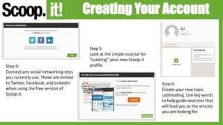 Step 4:
Connect any social networking sites
you currently use. These are limited
to Twitter, Facebook, and LinkedIn
when using the free version of
Scoop.it.
Step 5:
Look at the simple tutorial for
”curating” your new Scoop.it
profile.
Step 6:
Create your new topic
subheading. Use key words
to help guide searches that
will lead you to the articles
you are looking for.
Creating Your Account
 
