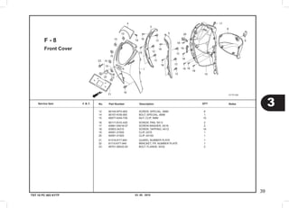 03. 05 . 2010
3
39
Service item F.R.T. No.	 Part Number	 Description		 NotesQTY
TST 10 PC 003 KYTF
Front Cover
F - 8
12	 90104-KPH-900  	 SCREW, SPECIAL, 5MM           	 6
14	 90107-KVB-900  	 BOLT, SPECIAL, 6MM            	 1
15	 90677-KAN-T00  	 NUT, CLIP, 5MM                	 10
16	 90117-KVG-A20  	 SCREW, PAN, 5X13              	 2
17	 93891-05016-07 	 SCREW-WASHER, 5X16            	 2
18	 93903-34310    	 SCREW, TAPPING, 4X12          	 16
19	 94591-27000    	 CLIP, 2X70                    	 1
20	 94591-41000    	 CLIP, 4X100                   	 1
21	 61316-KYT-940  	 GUARD, NUMBER PLATE           	 1
22	 81110-KYT-940  	 BRACKET, FR. NUMBER PLATE     	 1
23	 95701-06032-00 	 BOLT, FLANGE, 6X32            	 2
 