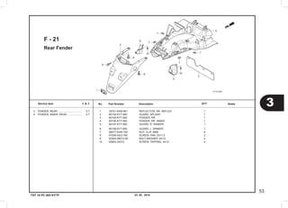 03. 05 . 2010
3
53
Service item F.R.T. No.	 Part Number	 Description		 NotesQTY
TST 10 PC 003 KYTF
Rear Fender
F - 21
	1	 33741-KAN-961  	 REFLECTOR, RR. REFLEX         	 1
	2	 80104-KYT-940  	 GUARD, SPLASH                 	 1	
	3	 80105-KYT-940  	 FENDER, RR.                   	 1
	4	 80106-KYT-940  	 FENDER, RR. INNER             	 1
	5	 80107-KYT-900  	 GUARD, R. WINKER              	 1
	6	 80108-KYT-900  	 GUARD, L. WINKER              	 1
	7	 90677-KAN-T00  	 NUT, CLIP, 5MM                	 4
	8	 91509-GE2-760  	 SCREW, PAN, 5X11.5            	 2
	9	 93404-06012-00 	 BOLT-WASHER, 6X12             	 2
10	 93903-34310    	 SCREW, TAPPING, 4X12          	 2
	2	 FENDER, REAR ..................................	 0.7
	4	 FENDER, INNER :REAR .....................	 0.7
 