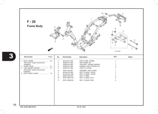 03. 05 . 2010
3
58
Service item F.R.T. No.	 Part Number	 Description		 NotesQTY
TST 10 PC 003 KYTF
Frame Body
F - 26
	1	 50100-KYT-940  	 BODY COMP., FRAME             	 1
	2	 50200-KYT-900  	 SUB FRAME, RR.                	 1
	3	 50350-KVY-900  	 LINK ASSY., ENGINE HANGER     	 1
	4	 50352-KVY-900  	 RUBBER, LINK STOPPER (70)     	 2
	5	 64223-KYT-900  	 STAY, FR. COVER               	 1
	6	 83551-376-000  	 GROMMET, SIDE COVER           	 1
	7	 90105-KVY-900  	 BOLT, FLANGE, 10X270          	 1
	8	 90106-GCC-000  	 BOLT, FLANGE, 10X238          	 1
	9	 90304-KGH-901  	 NUT, U, 10MM                  	 2
10	 95701-06012-00 	 BOLT, FLANGE, 6X12            	 4
11	 95701-08045-00 	 BOLT, FLANGE, 8X45            	 2
	1	 BODY, FRAME......................................	 5.6
	 	 .INCLUDES: Engine removal and
	 	 installation
	2	 FRAME :REAR  ....................................	 0.7
	3	 LINK, ENGINE HANGER .....................	 0.7
	 	 .INCLUDES: Engine removal and
		 installation
	5	 STAY, FRONT COVER .........................	 1.6
 