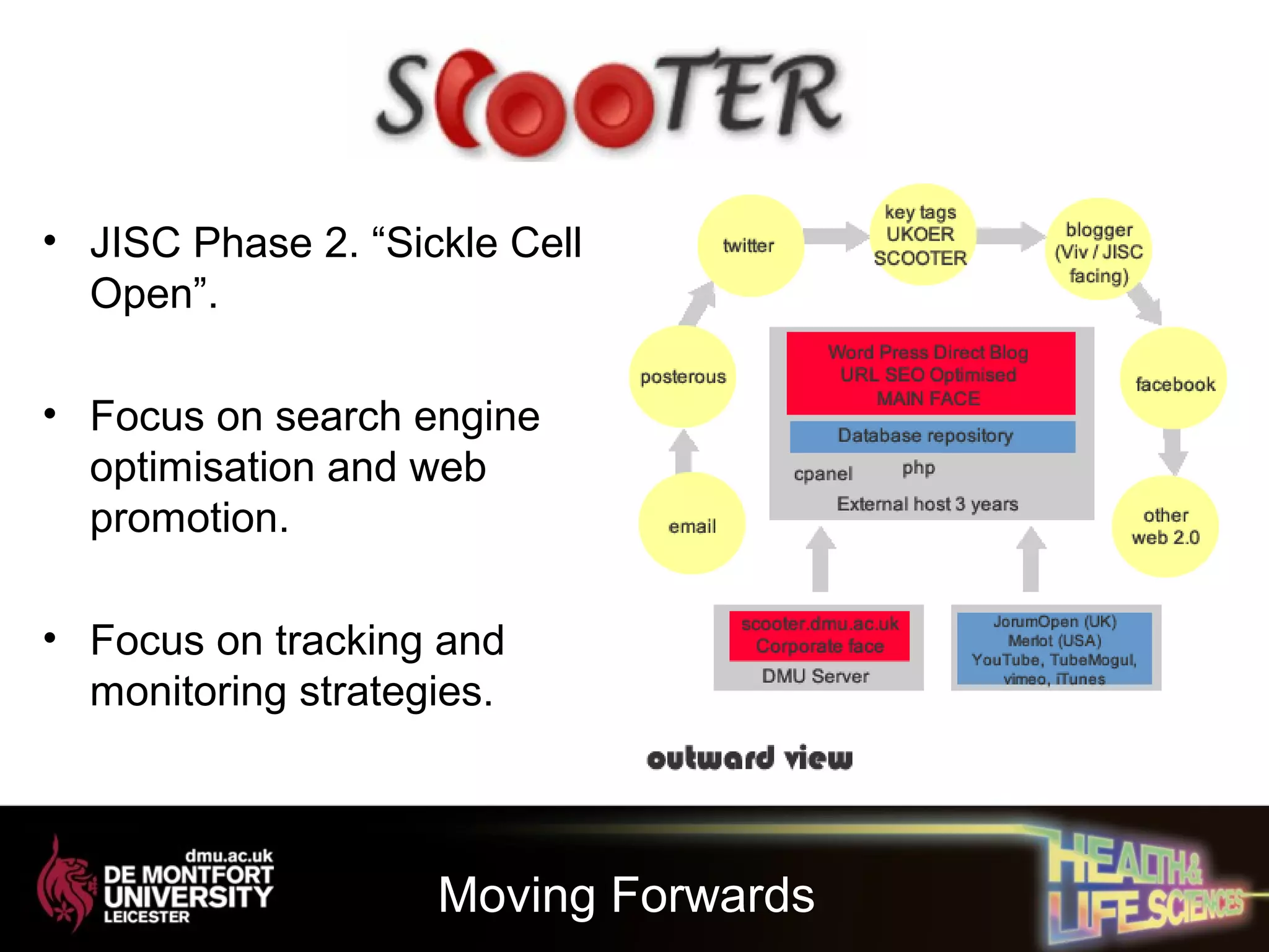 Moving Forwards
• JISC Phase 2. “Sickle Cell
Open”.
• Focus on search engine
optimisation and web
promotion.
• Focus on tracking and
monitoring strategies.
 