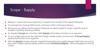 Scope - $watch value
 Watching by value (scope.$watch (watchExpression, listener, true))
 detects any change in an arbitrarily nested data structure.
 It is the most powerful change detection strategy, but also the most expensive.
 A full traversal of the nested data structure is needed on each digest, and a full
copy of it needs to be held in memory.
 