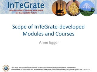 This work is supported by a National Science Foundation (NSF) collaboration between the
Directorates for Education and Human Resources (EHR) and Geosciences (GEO) under grant DUE - 1125331
Scope of InTeGrate-developed
Modules and Courses
Anne Egger
 
