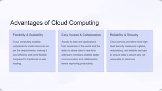 Advantages of Cloud Computing
Flexibility & Scalability
Cloud computing enables
companies to scale resources as
per the requirements, making it
cost-effective and more flexible
compared to traditional on-site
hosting.
Easy Access & Collaboration
Access to data and applications
from anywhere in the world and the
ability to share data in real-time
with team members enables better
communication and collaboration,
hence improving productivity.
Reliability & Security
Cloud service providers have high-
level security measures in place,
redundancy, and reliable backups
to ensure data is secure and not
vulnerable to data loss.
 