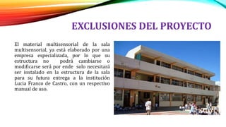 EXCLUSIONES DEL PROYECTO
El material multisensorial de la sala
multisensorial, ya está elaborado por una
empresa especializada, por lo que su
estructura no podrá cambiarse o
modificarse será por ende solo necesitará
ser instalado en la estructura de la sala
para su futura entrega a la institución
Lucia Franco de Castro, con un respectivo
manual de uso.
 