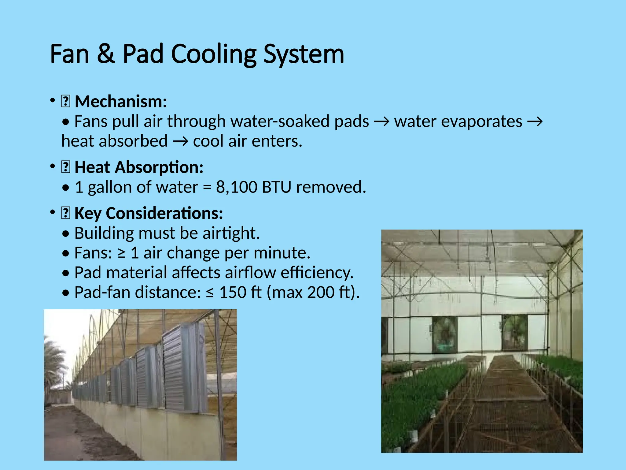 Fan & Pad Cooling System
• 🔹 Mechanism:
• Fans pull air through water-soaked pads → water evaporates →
heat absorbed → cool air enters.
• 🔹 Heat Absorption:
• 1 gallon of water = 8,100 BTU removed.
• 🔹 Key Considerations:
• Building must be airtight.
• Fans: ≥ 1 air change per minute.
• Pad material affects airflow efficiency.
• Pad-fan distance: ≤ 150 ft (max 200 ft).
 
