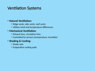 Ventilation Systems
• Natural Ventilation:
• Ridge vents, side vents, roof vents
• Utilizes wind and temperature differences
• Mechanical Ventilation:
• Exhaust fans, circulation fans
• Controlled by sensors (temperature, humidity)
• Shading & Cooling:
• Shade nets
• Evaporative cooling pads
 