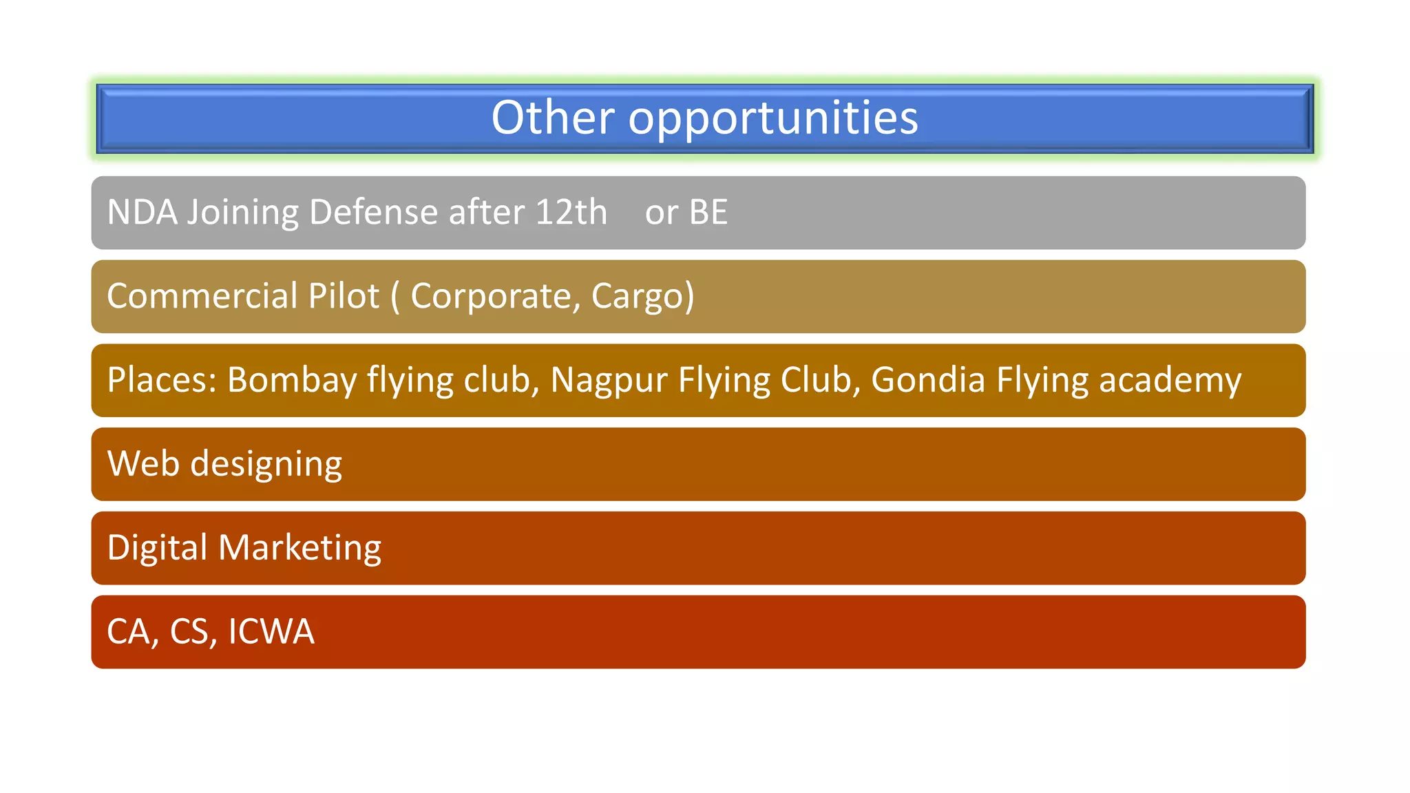 Other opportunities
NDA Joining Defense after 12th or BE
Commercial Pilot ( Corporate, Cargo)
Places: Bombay flying club, Nagpur Flying Club, Gondia Flying academy
Web designing
Digital Marketing
CA, CS, ICWA
 