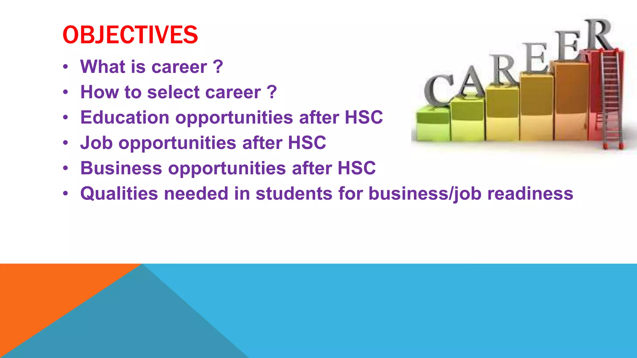 OBJECTIVES
• What is career ?
• How to select career ?
• Education opportunities after HSC
• Job opportunities after HSC
• Business opportunities after HSC
• Qualities needed in students for business/job readiness
 