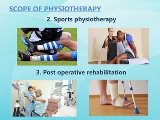 3. Post operative rehabilitation
2. Sports physiotherapy
SCOPE OF PHYSIOTHERAPY
 