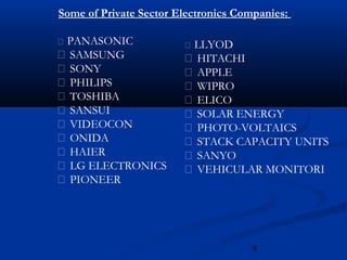 8
Some of Private Sector Electronics Companies:
 PANASONIC
 SAMSUNG
 SONY
 PHILIPS
 TOSHIBA
 SANSUI
 VIDEOCON
 ONIDA
 HAIER
 LG ELECTRONICS
 PIONEER
 LLYOD
 HITACHI
 APPLE
 WIPRO
 ELICO
 SOLAR ENERGY
 PHOTO-VOLTAICS
 STACK CAPACITY UNITS
 SANYO
 VEHICULAR MONITORI
 