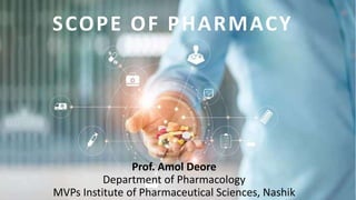 Prof. Amol Deore
Department of Pharmacology
MVPs Institute of Pharmaceutical Sciences, Nashik
SCOPE OF PHARMACY
 