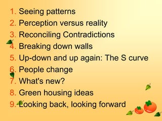 1. Seeing patterns
2. Perception versus reality
3. Reconciling Contradictions
4. Breaking down walls
5. Up-down and up again: The S curve
6. People change
7. What's new?
8. Green housing ideas
9. Looking back, looking forward

 