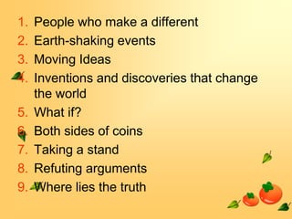 1.
2.
3.
4.
5.
6.
7.
8.
9.

People who make a different
Earth-shaking events
Moving Ideas
Inventions and discoveries that change
the world
What if?
Both sides of coins
Taking a stand
Refuting arguments
Where lies the truth

 