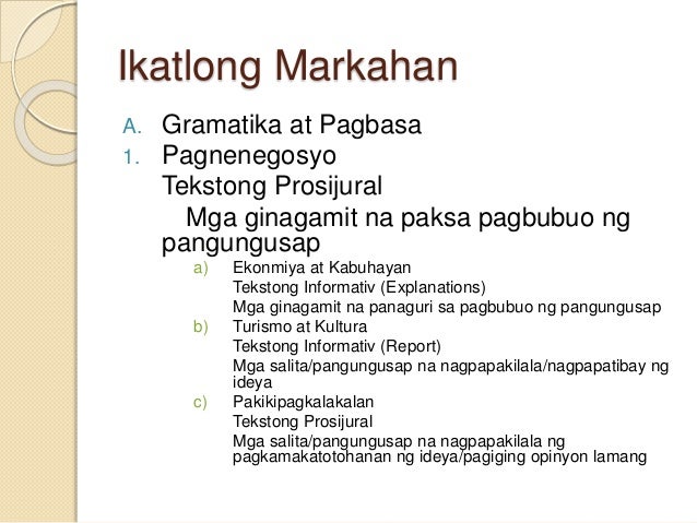 pagbasa sa tekstong pang humanidades Ang talasalitaan kaugnay sa pag-unawa ng teksto 3 web ng bahagi ng salita (word-part web) kinasama sama samahan sama-sama kasama 4 pagpapakahulugan ayon sa konteksto (contextual redefinition) mga salita hinulang kahulugan bago ang pagbasa kahulugan pagkatapos ng pagbasa konteksto na pinagagamitan ng salita 1 bumulwak lumabas biglang paglabas ng isang likidong bagay mula sa pinagmula nito. pagbasa sa tekstong pang humanidades Ang talasalitaan kaugnay sa pag-unawa ng teksto 3 web ng bahagi ng salita (word-part web) kinasama sama samahan sama-sama kasama 4 pagpapakahulugan ayon sa konteksto (contextual redefinition) mga salita hinulang kahulugan bago ang pagbasa kahulugan pagkatapos ng pagbasa konteksto na pinagagamitan ng salita 1 bumulwak lumabas biglang paglabas ng isang likidong bagay mula sa pinagmula nito.
