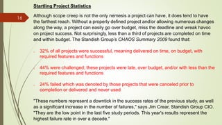 16
Startling Project Statistics
Although scope creep is not the only nemesis a project can have, it does tend to have
the farthest reach. Without a properly defined project and/or allowing numerous changes
along the way, a project can easily go over budget, miss the deadline and wreak havoc
on project success. Not surprisingly, less than a third of projects are completed on time
and within budget. The Standish Group’s CHAOS Summary 2009 found that:
o 32% of all projects were successful, meaning delivered on time, on budget, with
required features and functions
o 44% were challenged; these projects were late, over budget, and/or with less than the
required features and functions
o 24% failed which was denoted by those projects that were canceled prior to
completion or delivered and never used
"These numbers represent a downtick in the success rates of the previous study, as well
as a significant increase in the number of failures," says Jim Crear, Standish Group CIO.
"They are the low point in the last five study periods. This year's results represent the
highest failure rate in over a decade."
 