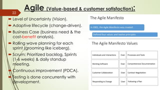 Agile (Value-based & customer satisfaction):
 Level of Uncertainty (Vision).
 Adaptive lifecycle (change-driven).
 Business Case (business need & the
cost-benefit analysis).
 Rolling wave planning for each
sprint (grooming like iceberg).
 Scrum: Prioritized backlog, Sprints
(1-6 weeks) & daily standup
meeting.
 Continuous improvement (PDCA).
 Testing is done concurrently with
development.
22
 