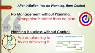 M. M.
No Management without Planning:
9
Planning is useless without Control:
Wrong plan is better than no plan.
We do planning to
try on achieving it.
After Initiation, We do Planning, then Control
 