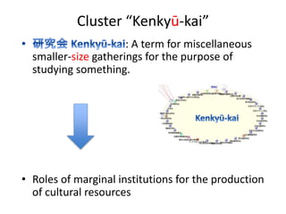 Cluster “Kenkyū-kai” 
: A term for miscellaneous 
smaller-size gatherings for the purpose of 
studying something. 
• Roles of marginal institutions for the production 
of cultural resources 
 