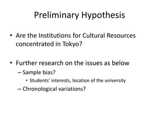 Preliminary Hypothesis 
• Are the Institutions for Cultural Resources 
concentrated in Tokyo? 
• Further research on the issues as below 
– Sample bias? 
• Students’ interests, location of the university 
– Chronological variations? 
 