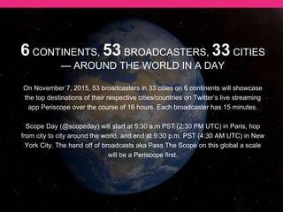6 CONTINENTS, 56 BROADCASTERS, 37 CITIES
— AROUND THE WORLD IN A DAY
On November 7, 2015, 56 broadcasters in 37 cities on 6 continents will showcase
the top destinations of their respective cities/countries on Twitter’s live streaming
app Periscope over the course of 16 hours. 12 broadcasters are musicians who will
each perform a Taylor Swift cover during their 15 minute broadcast.
Scope Day (@scopeday) will start at 5:30 a.m PST (2:30 p.m. UTC) in Paris, hop
from city to city around the world, and end at 9:30 p.m. PST (4:30 a.m. UTC) in New
York City. The hand off of broadcasts aka Pass The Scope on this global a scale
will be a Periscope first.
 