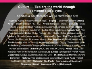 Culture —“Explore the world through
someone else's eyes”
The cities & countries that will be showcased are:
UAE/Dubai (Dubai Fountain, Burj Khalifa, Dubai Mall & Aquarium) | Sydney (Opera
House/Harbour Bridge) | Beijing (Tiananmen Square) | Hong Kong (Tallest building in HK
- ICC) | Kyoto (Nanzenji Temple) | Belgrade (Nikola Tesla Museum) | Milan (“la Sala delle
Asse” by Leonardo da Vinci) | Rome (Capitoline Forum and Capitoline) | | Salzburg (Sound
of Music locations) | London (Big Ben) | New York (World Trade Center, the Memorial,
Downtown Views) | Los Angeles (Griffith Observatory and The Hollywood Walk of Fame) |
Anaheim (Downtown Disney / Disneyland) | San Francisco (Golden Gate Bridge) |
Hilo (Green Sand Beach) | Nairobi (KICC and the Law Court) |
Kenya (Hells Gate National Park on the Great Rift Valley) | Les 2 Alpes (Ski resort in
French Alpes) Guatemala (Antigua Guatemala Colonial City) | The Bahamas (Memories
Grand Bahamas) | Galway (The Claddagh and Galway Bay) | Oahu (Makapu'u Point, East
Oahu) | Puebla (La gran piramide de Pyramid of Cholula) | St. Louis (The Gateway Arch)
Auckland (Marina Walk) | Malaysia | São Paulo | Buenos Aires | Singapore | Seoul |
Jerusalem | Paris | Kathmandu | Seattle | San Juan
 