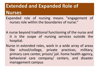 Extended and Expanded Role of
Nurses
Expanded role of nursing means "engagement of
nurses role within the boundaries of nurse.“
A nurse beyond traditional functioning of the nurse and
it is the scope of nursing services outside the
hospital.
Nurse in extended roles, work in a wide array of areas
like school/college, private practices, military,
primary care center, prison/ jail. home health agency,
behavioral care company/ centers, and disaster
management campus
 