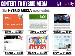 CONTENT to HYBRID MEDIA Listly 
Six HYBRID MEDIA examples 
LISTS as SLIDES LISTS as TEXT 
VIDEOS as TEXT 
TEXT as IMAGES 
...