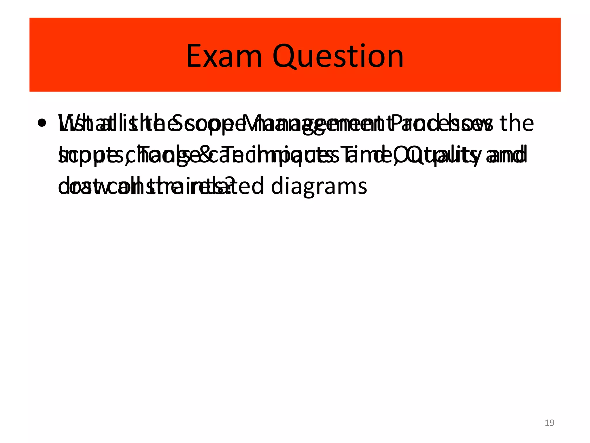 Exam Question
• List allis the scope managementProcesses the
  What the Scope Management and how
  scope change can impacts and Outputs and
  Inputs, Tools & TechniquesTime, Quality and
  cost all the related
  drawconstraints? diagrams




                                                 19
 