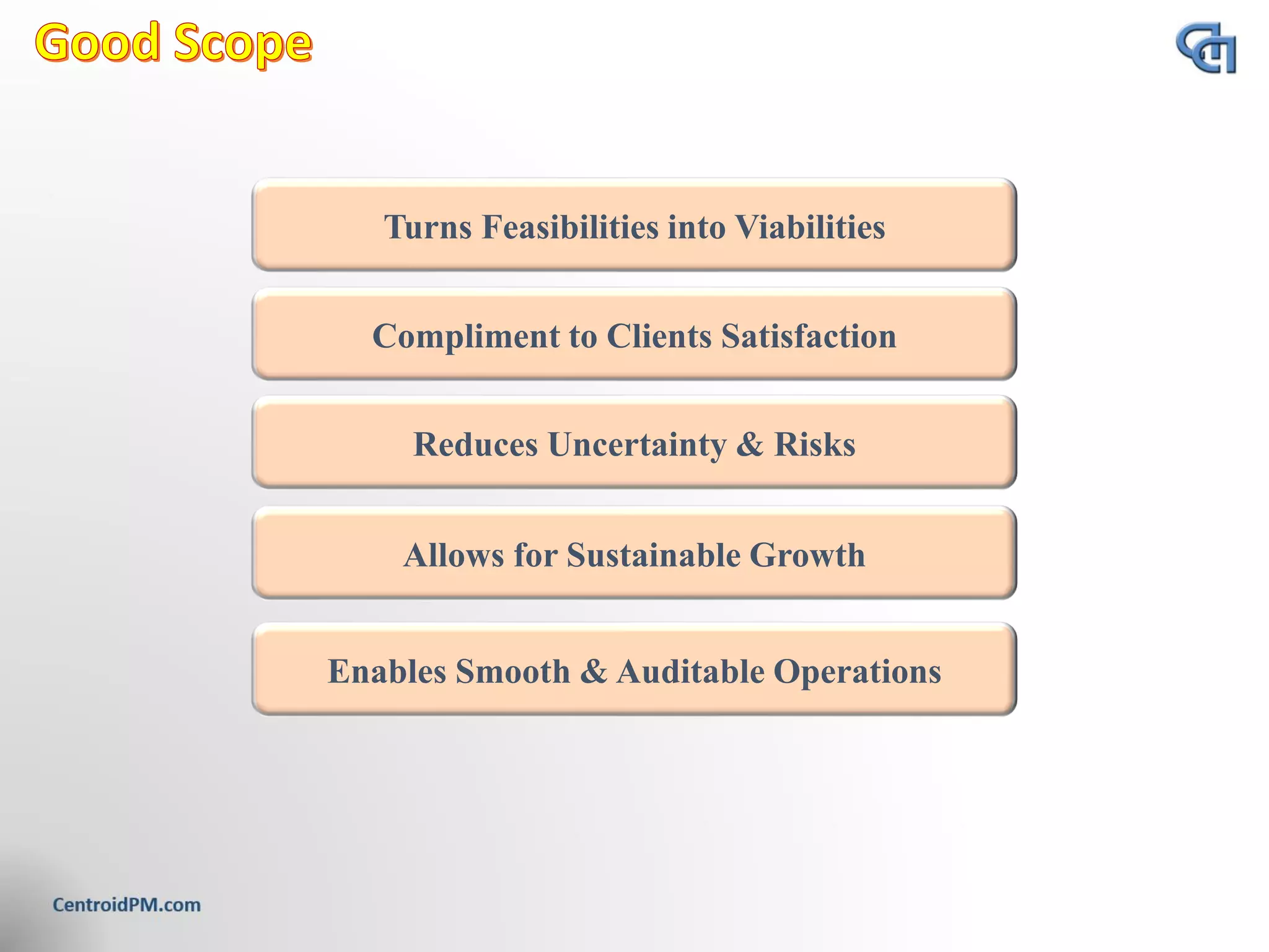 Turns Feasibilities into Viabilities
Compliment to Clients Satisfaction
Reduces Uncertainty & Risks
Enables Smooth & Auditable Operations
Allows for Sustainable Growth
 