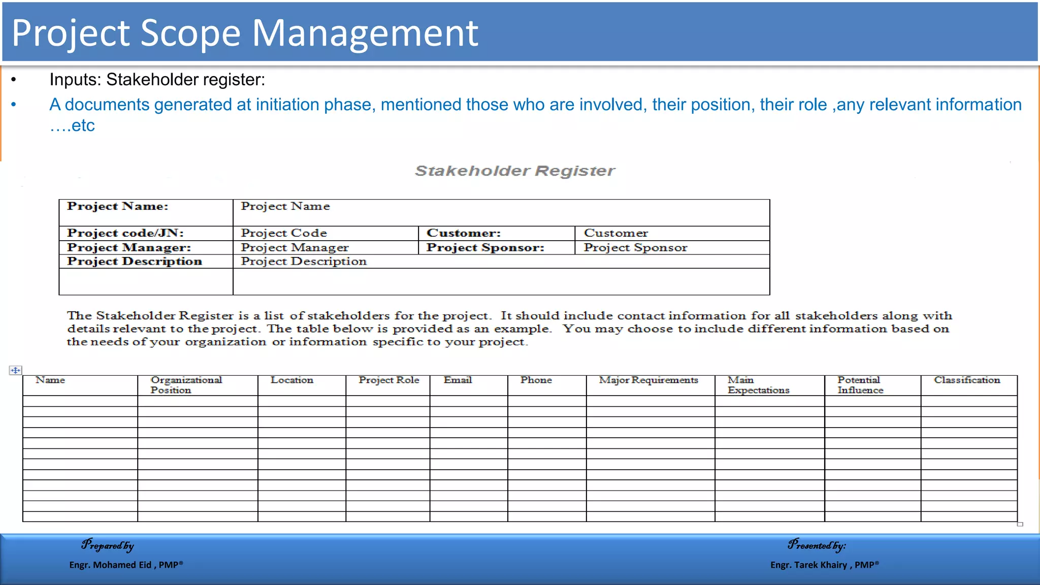 • Inputs: Stakeholder register:
• A documents generated at initiation phase, mentioned those who are involved, their position, their role ,any relevant information
….etc
Project Scope Management
Preparedby Presentedby:
Engr. Mohamed Eid , PMP® Engr. Tarek Khairy , PMP®
 