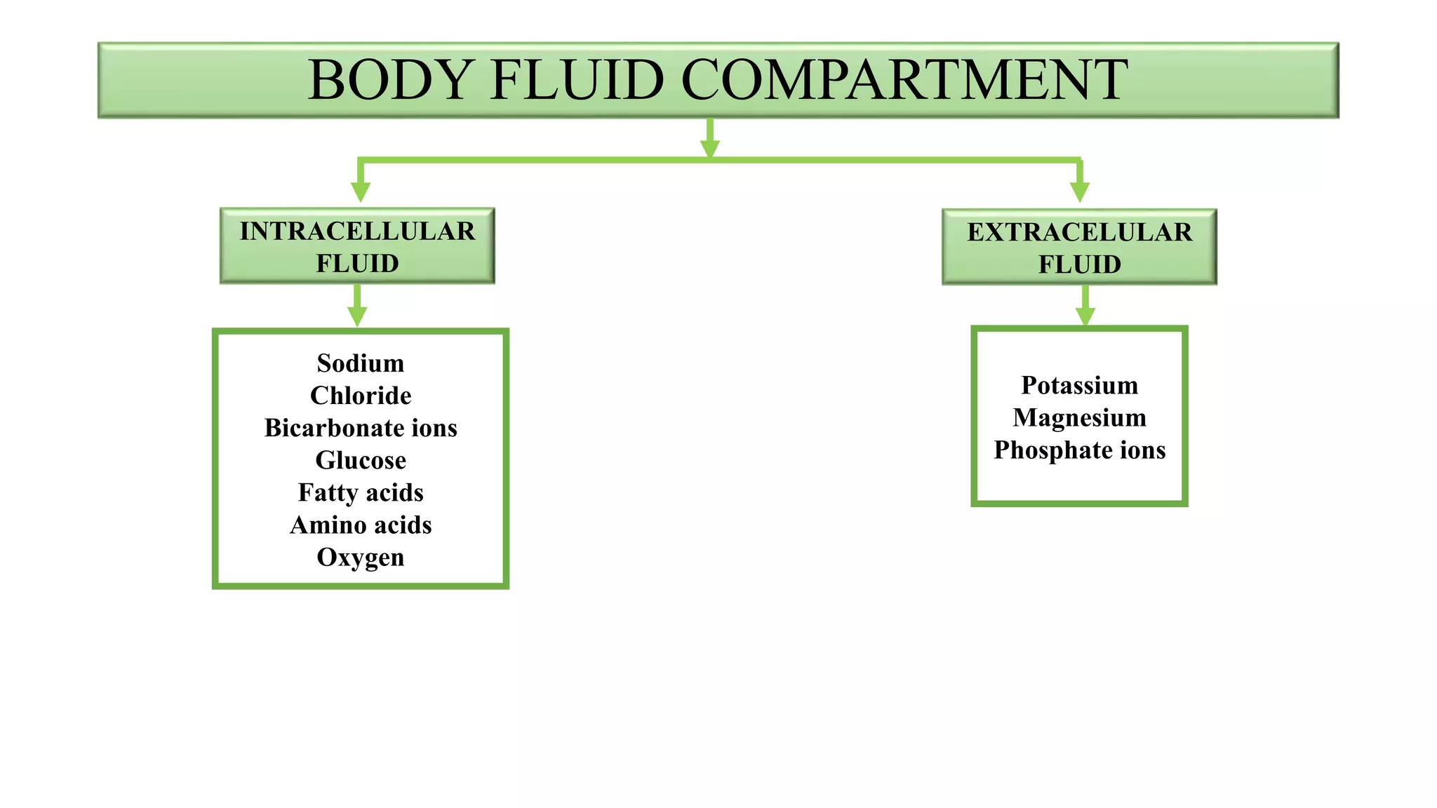 BODY FLUID COMPARTMENT
INTRACELLULAR
FLUID
EXTRACELULAR
FLUID
Sodium
Chloride
Bicarbonate ions
Glucose
Fatty acids
Amino acids
Oxygen
Potassium
Magnesium
Phosphate ions
 