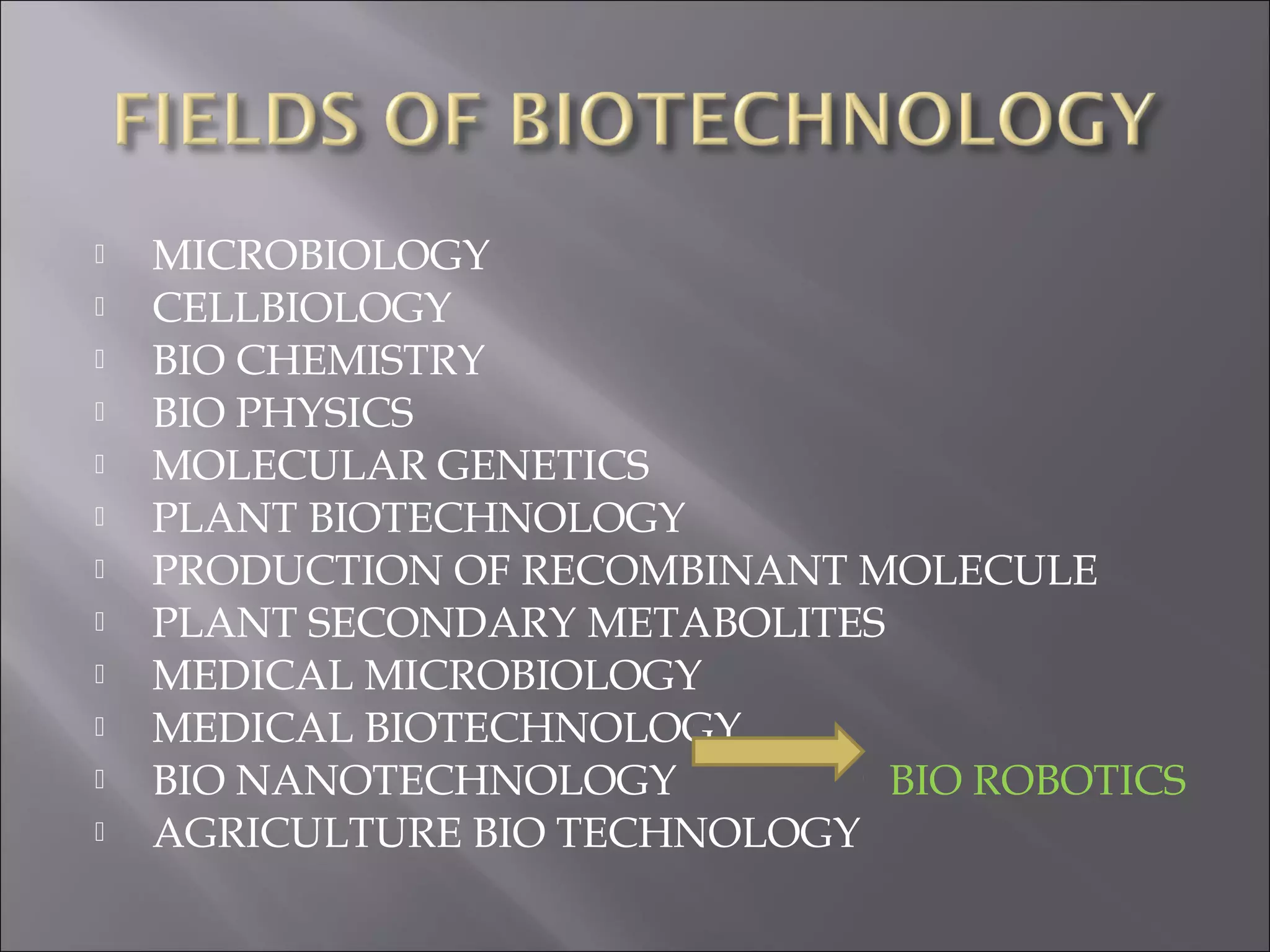  MICROBIOLOGY
 CELLBIOLOGY
 BIO CHEMISTRY
 BIO PHYSICS
 MOLECULAR GENETICS
 PLANT BIOTECHNOLOGY
 PRODUCTION OF RECOMBINANT MOLECULE
 PLANT SECONDARY METABOLITES
 MEDICAL MICROBIOLOGY
 MEDICAL BIOTECHNOLOGY
 BIO NANOTECHNOLOGY BIO ROBOTICS
 AGRICULTURE BIO TECHNOLOGY
 