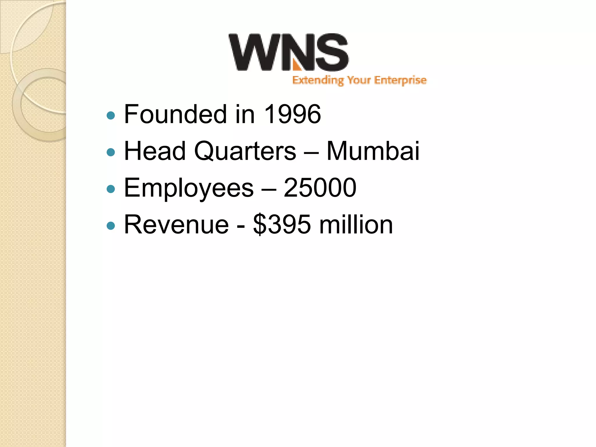  Founded in 1996
 Head Quarters – Mumbai
 Employees – 25000
 Revenue - $395 million
 