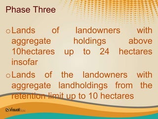 Phase Three
oLands of landowners with
aggregate holdings above
10hectares up to 24 hectares
insofar
oLands of the landowners with
aggregate landholdings from the
retention limit up to 10 hectares
 