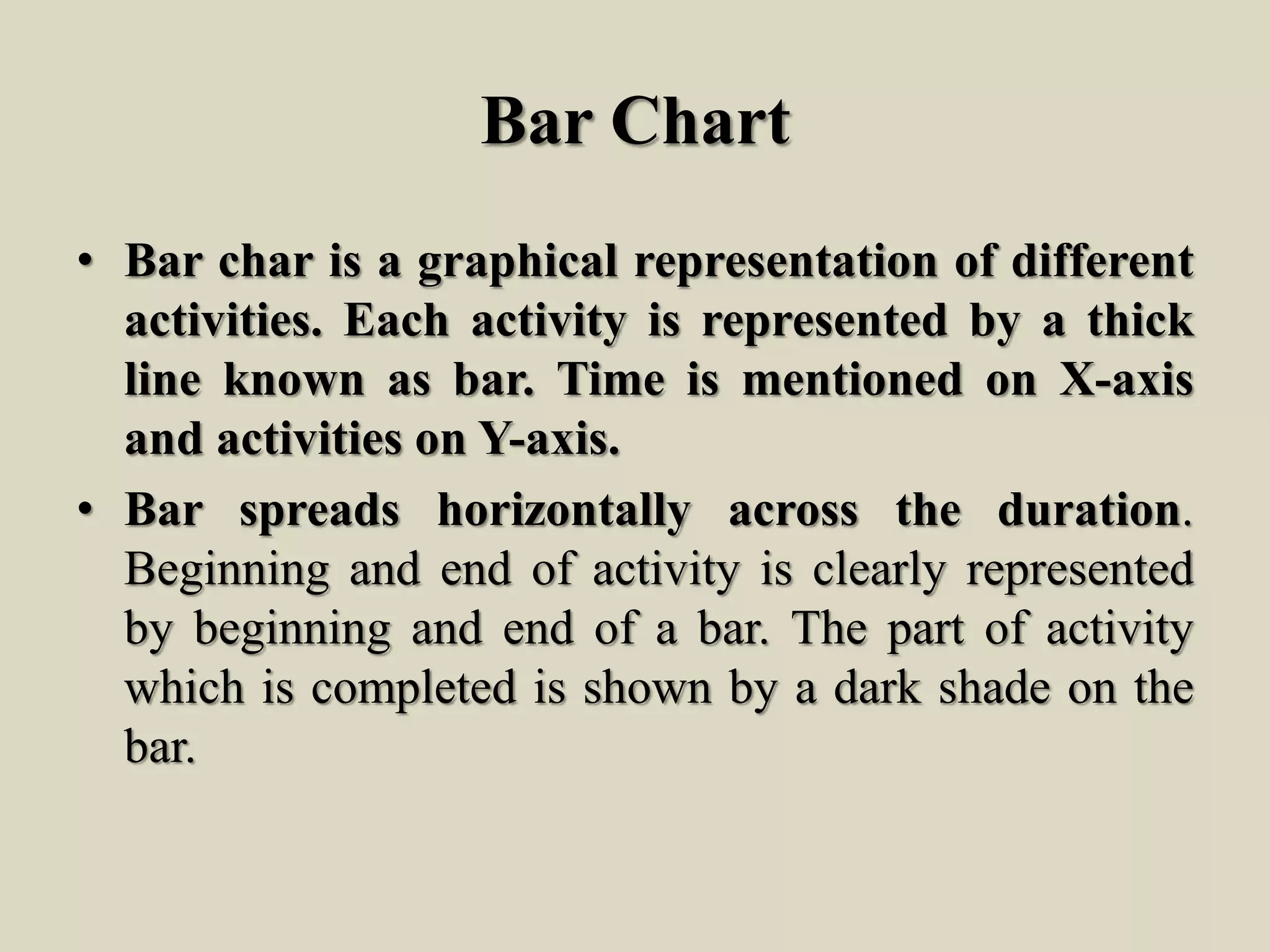 Bar Chart
• Bar char is a graphical representation of different
activities. Each activity is represented by a thick
line known as bar. Time is mentioned on X-axis
and activities on Y-axis.
• Bar spreads horizontally across the duration.
Beginning and end of activity is clearly represented
by beginning and end of a bar. The part of activity
which is completed is shown by a dark shade on the
bar.
 