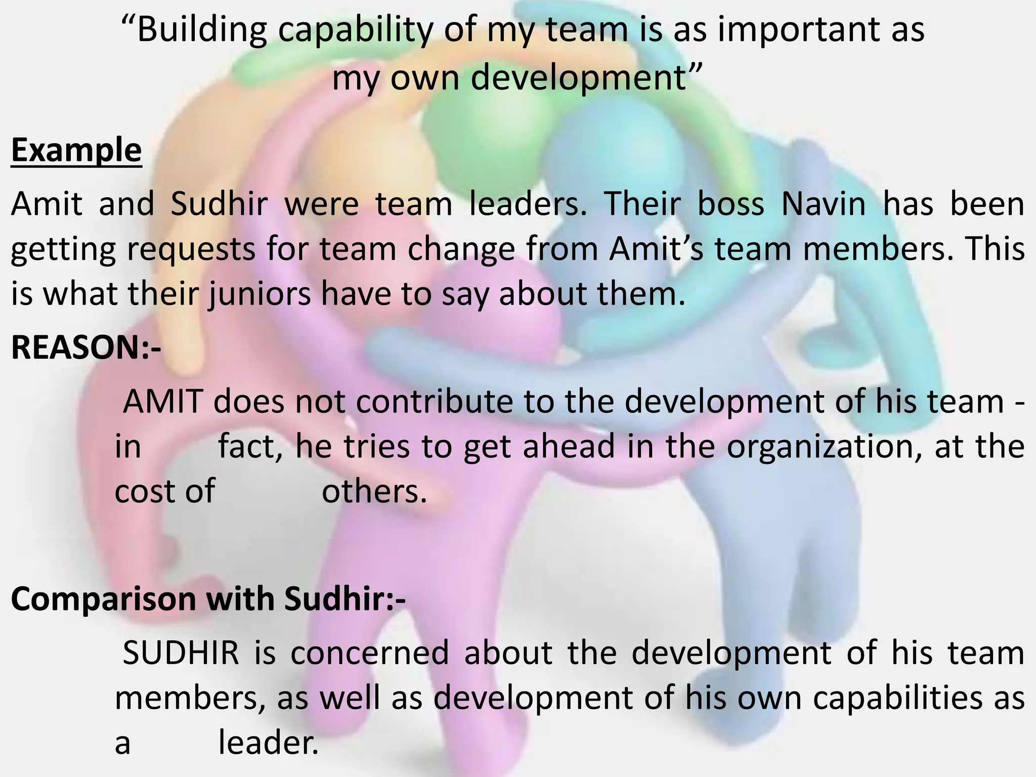 “Building capability of my team is as important as
my own development”
Example
Amit and Sudhir were team leaders. Their boss Navin has been
getting requests for team change from Amit’s team members. This
is what their juniors have to say about them.
REASON:-
AMIT does not contribute to the development of his team -
in fact, he tries to get ahead in the organization, at the
cost of others.
Comparison with Sudhir:-
SUDHIR is concerned about the development of his team
members, as well as development of his own capabilities as
a leader.
 