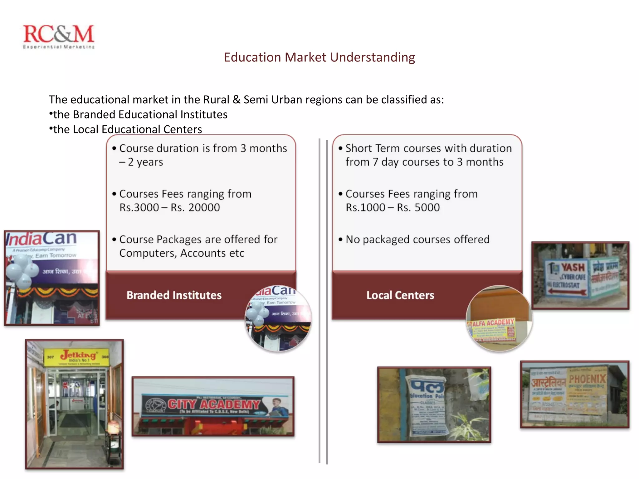 The educational market in the Rural & Semi Urban regions can be classified as: the Branded Educational Institutes the Local Educational Centers  Education Market Understanding 