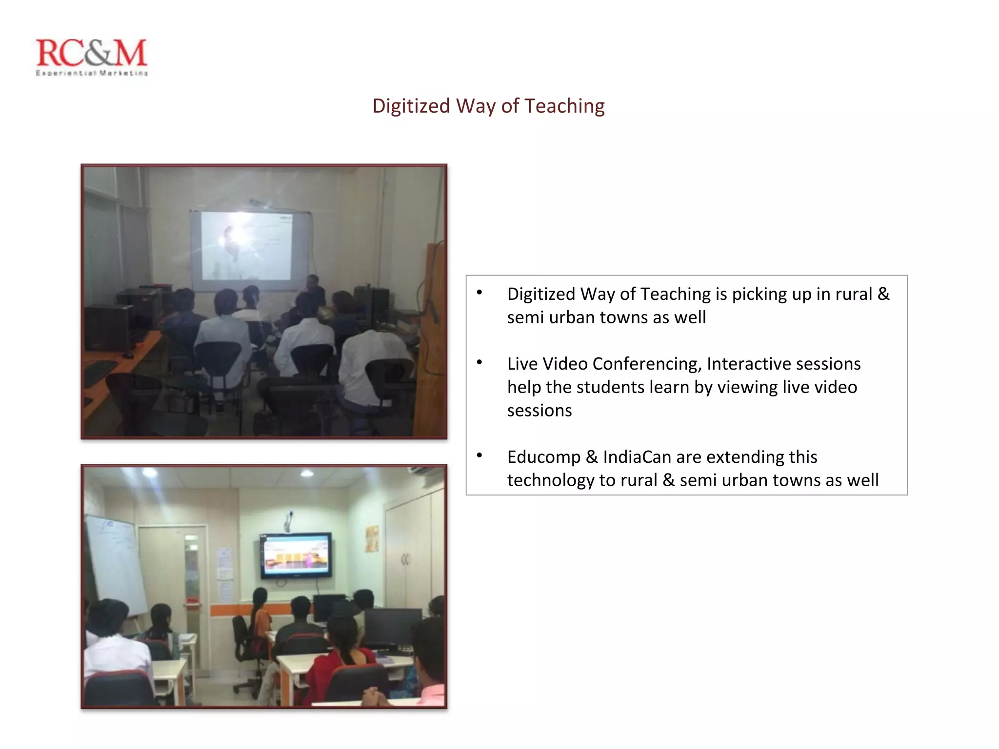 Digitized Way of Teaching  Digitized Way of Teaching is picking up in rural & semi urban towns as well  Live Video Conferencing, Interactive sessions help the students learn by viewing live video sessions Educomp & IndiaCan are extending this technology to rural & semi urban towns as well 