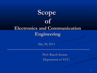 1
ScopeScope
ofof
Electronics and CommunicationElectronics and Communication
EngineeringEngineering
May 28, 2013May 28, 2013
Prof. Rajesh KumarProf. Rajesh Kumar
Department of ECE,Department of ECE,
 