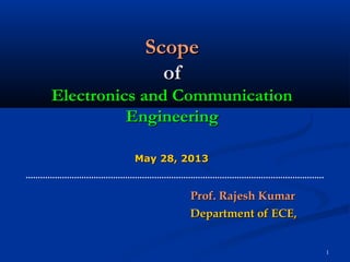 1
ScopeScope
ofof
Electronics and CommunicationElectronics and Communication
EngineeringEngineering
May 28, 2013May 28, 2013
Prof. Rajesh KumarProf. Rajesh Kumar
Department of ECE,Department of ECE,
 