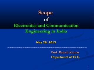 1
ScopeScope
ofof
Electronics and CommunicationElectronics and Communication
Engineering in IndiaEngineering in India
May 28, 2013May 28, 2013
Prof. Rajesh KumarProf. Rajesh Kumar
Department of ECE,Department of ECE,
 
