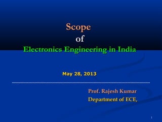 1
ScopeScope
ofof
Electronics Engineering in IndiaElectronics Engineering in India
May 28, 2013May 28, 2013
Prof. Rajesh KumarProf. Rajesh Kumar
Department of ECE,Department of ECE,
 