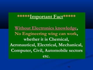 10
*****Important Fact*****
Without Electronics knowledge,
No Engineering wing can work,
whether it is Chemical,
Aeronautical, Electrical, Mechanical,
Computer, Civil, Automobile sectors
etc.
 